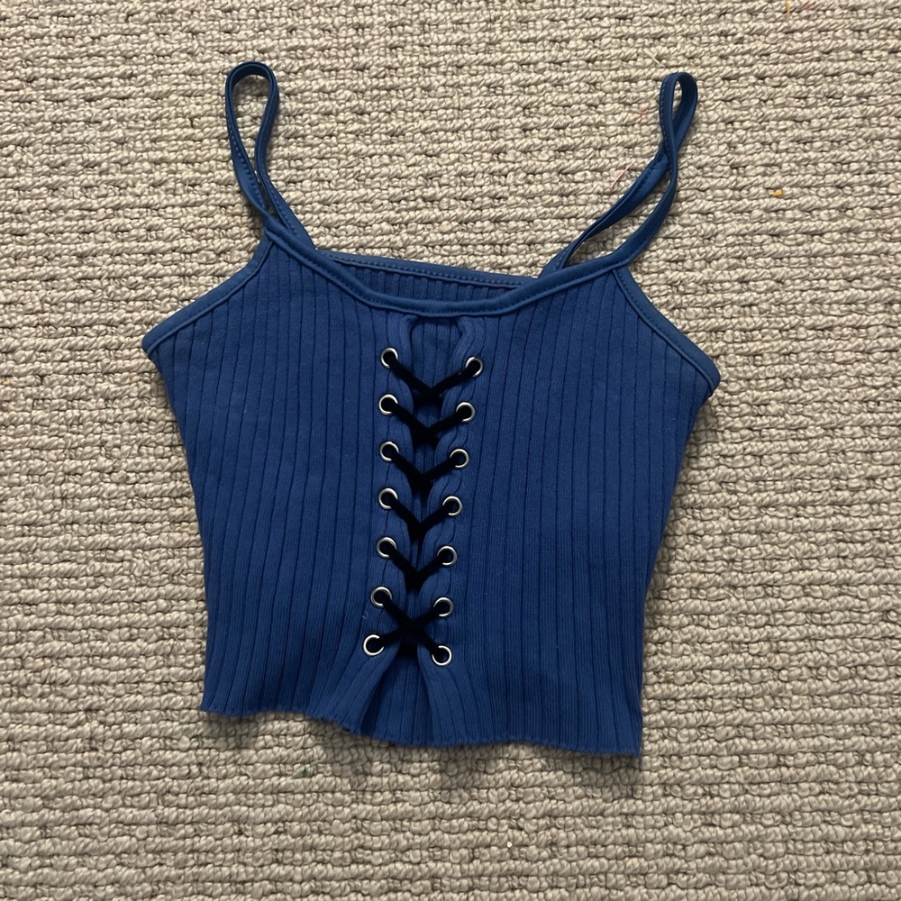 SHEIN Blue Ribbed Crop Camisole with Tie Front